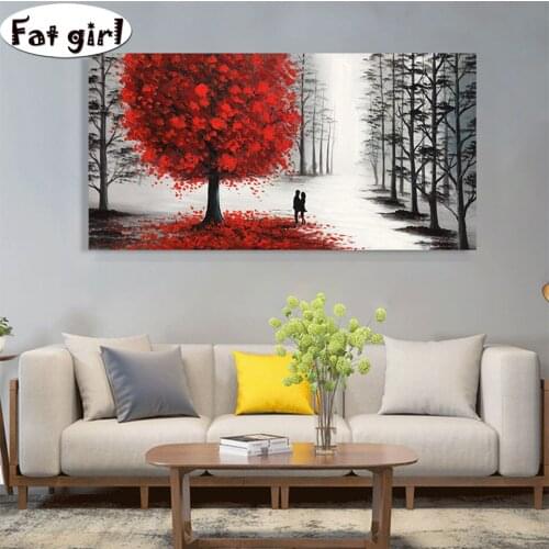 5D DIY Abstract Red Tree Scenery Landscape Full Diamond Painting Cross Stitch Rhinestone mosaic couple embrace living room decor