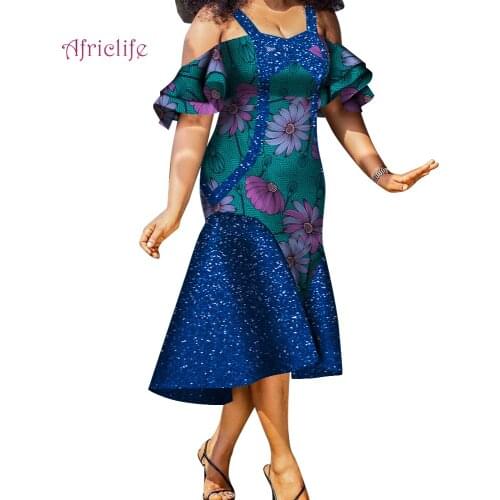 African Large Size Womens Clothes Sleeveless Off The Shoulder Mid-Calf Dress Slash Neck Patchwork Ruffle Skirt Bazin Prom WY570