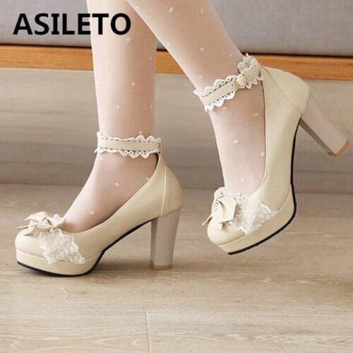 ASILETO New 2021 Ladies Pumps Lolita Cute Round Toe 8.5cm Block Heesl Platform Bowtie Sweet Buckle Lace Party Big Size F1128