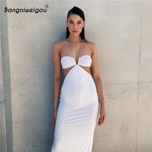 Bangniweigou Backless Bandeau Tube Robe Women 2021 Summer Strap Halter Neck Sexy Hollow-out Waist Slim Long Dress
