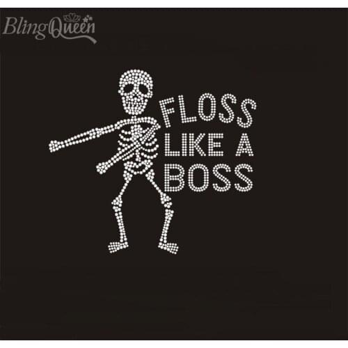 BlingQueen 25PCS/LOT Skull Rhinestone Transfer Garment Hotfix Iron On Crystals Strass Motif Floss Like a Boss Design