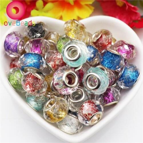 10Pcs/Lot 14x8mm Mixed Color Glitter Faceted Glass Large Hole European Beads Fit Pandora Bracelet Chain Spacer Necklace Jewelry