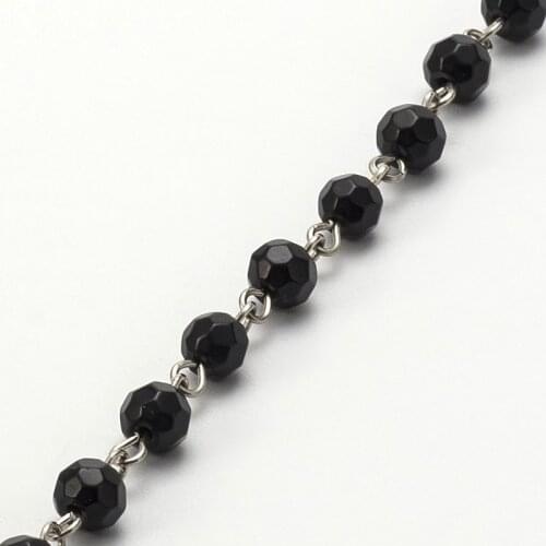 Handmade Faceted Round Glass Beads Chains for Necklaces Bracelets Making with Iron Eyepins, Black, 39.3"; about 94pcs/strand