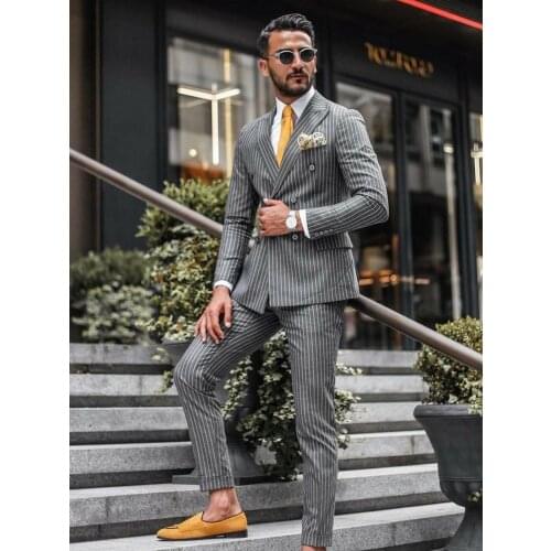 Double Breasted Slim Fit Grey Stripe Men Suit Formal 2 Piece Business Tailor Made Men Suit Groom Wedding Tuxedo