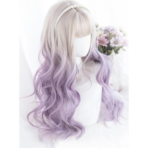Gradient Beige Purple Lolita Wig Harajuku Fairy Princess Cosplay Bangs Curly Long Synthetic Hair Adult Girls Daily Wear