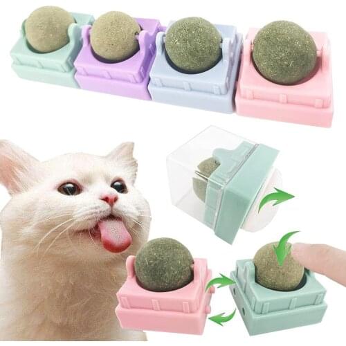 Cat Toy Chew Catnip Mint Balls,4 Pack 360 Rotating Stuff Natural Wall Treat Compressed Spinning Pet Snack Kitty Lickable