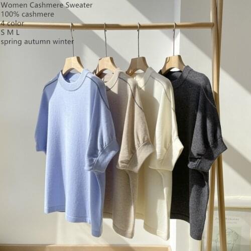 Naizaiga 100% cashmere O-neck loose solid short sleeve knitting Women summer Pullovers Causal soft Spring Sweater , PRFS145