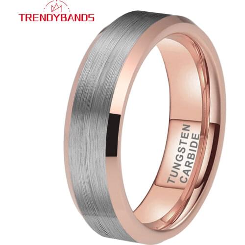 6MM Rose Gold Tungsten Carbide Rings For Men Women Beveled Edges Brushed Finish Comfort Fit