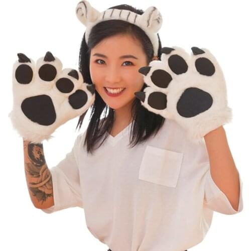 40GC Adult Kids Plush Tiger Cosplay Costume Set Cute Ears Headband 3D Animal Paw Fluffy Gloves Stuffed Toys Party Supplies