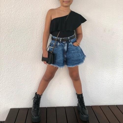 2021 Girl’s T-shirt and Shorts Set Fresh Solid Color One-shoulder Ruffles Tops and Denim Short Pants