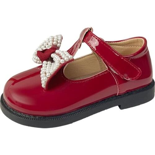 Girls' Leather Shoes 2021 Autumn New Kids Soft Bottom Pearl Bow Shiny Childrens Princess Shoes Sweet Non-slip Casual Flats Hot
