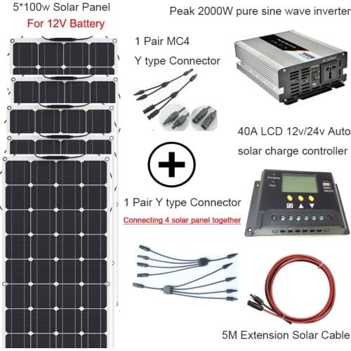 Hot Sell 500w solar system Home DIY kit with 5*100w Flexible solar panel 1000w inverter 12v/24v 40A LCD controller solar cable