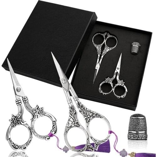 LMDZ Silver Embroidery Scissors Set 2 Pairs Sewing Scissors Stainless Steel Vintage Scissors with Tassel Thimble for Needlework