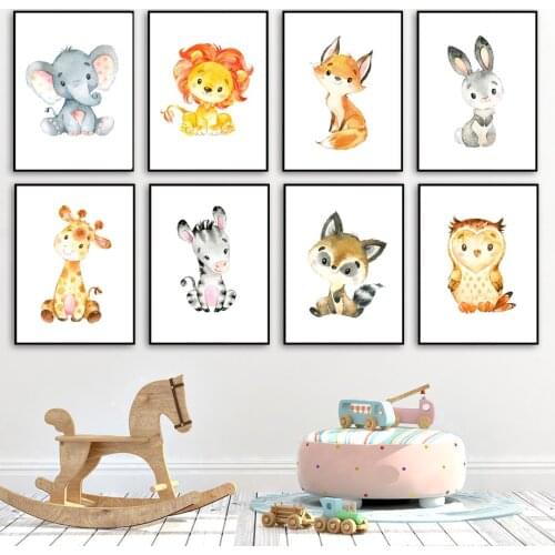 Cute Elephant giraffe Fox Rabbit Lion Zebra cub Poster Nursery Wall Art Print Canvas Painting Wall Pictures Baby Kids Room Decor