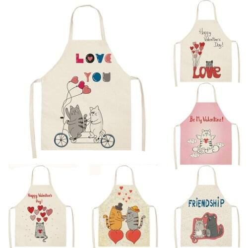 Multifunction Antifouling Kitchen Aprons lovers Cat Printed Cotton Linen men women Chef Cooking Apron Cleaning 68*55 0038