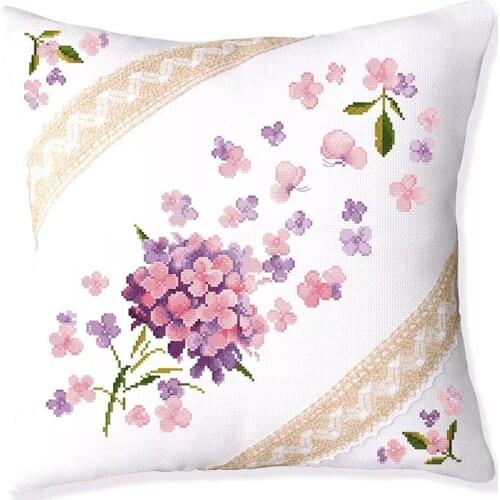 Romantic Flying Flowers Throw Pillow Case Stamped Cross Stitch Kit Floral Cushion Cover, 18.1inches