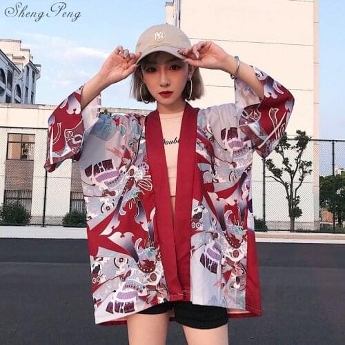 Harajuku BF Wind Japanese-style Feather Weaving Blouse Men and Women Kimono Chiffon Printing Sunscreen Clothing Q646