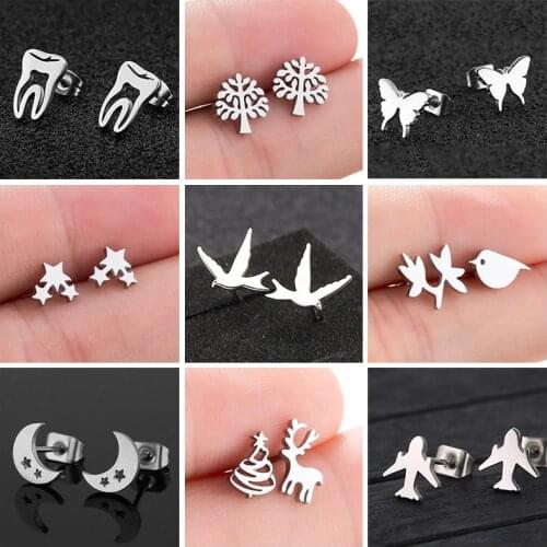 SMJEL Stainless Steel Tooth Tree Butterfly Star Swallow Bird Plant Moon Star Deer Airplane Christmas Earrings For Women Kids