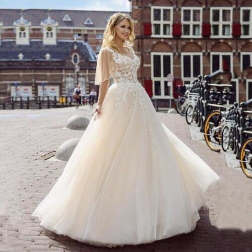 Tulle Princess Wedding Dress long sleeve Lace Appliques A-line Boho Bridal Dress Plus Size Wedding Gowns Elegant