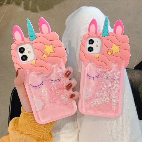 Cartoon Unicorn Flare Sequins Bling Sand Cover For iPhone 12 Pro Max 6 7 8 Plus Silicone Glitter Dynamic Liquid Quicksand Case