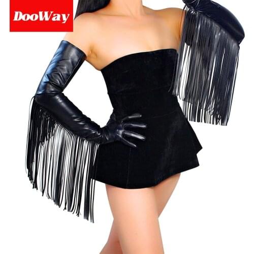 DooWay Women Fuax Leather Extra Long Touchscreen Gloves with Side Fringe 28-Inches Black