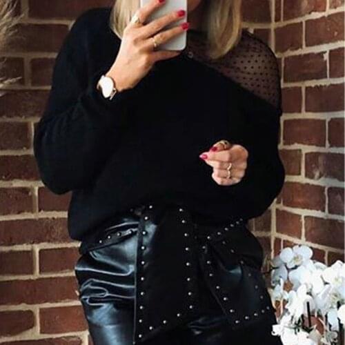 Women Casual Lace Patchwork Tops Long Sleeve O neck Back Bansage High Street Pullover 2021 Spring New Fashion OL Women Tops