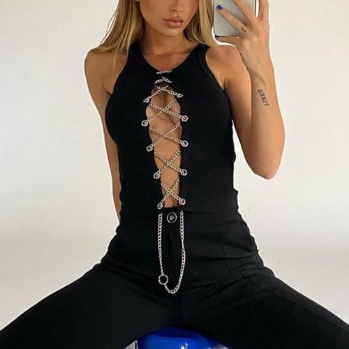 2021 Punk Style Metal Chain Bandage Hollow Out Design Tank Top Women High Street Casual Sexy Club Wear Camisole Vest Female
