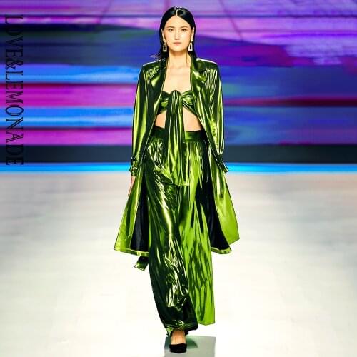 LOVE&LEMONADE Sexy Green High Shoulder Pads Loose Elastic Reflective Material Fashion Show Long Sleeve Ladies Trench CoatLM82938