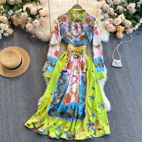 Womens spring summer runway fashion long sleeve flower print long dress female vintage chic beach dress TB1401