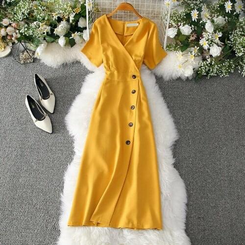 Elegant Solid Color High Waist Thin Short Sleeve V-neck A-line Women Holiday Party Dress Vestidos Sukienka 6544