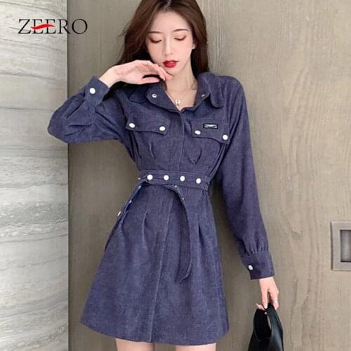 Spring Autumn Women Corduroy Lapel Single-breasted with Belt Tooling Midi Thin Outerwear Female Solid Color A-Line Mini Dresses
