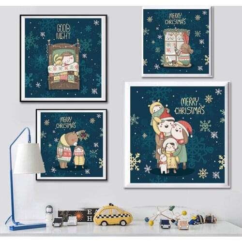 Cartoon Canvas Painting Poster Modern Nordic Decoration Kids Room Wall Pictures Home Decor Merry Christmas Good Night No Frame