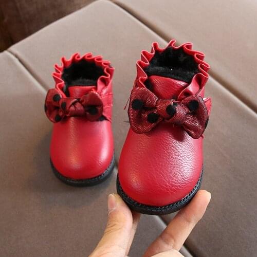 Winter Girls Boots Leather Shoes Solid Color Bowtie Warm Baby First Walkers Toddler Girls Boots Soft Ground Snow Boots