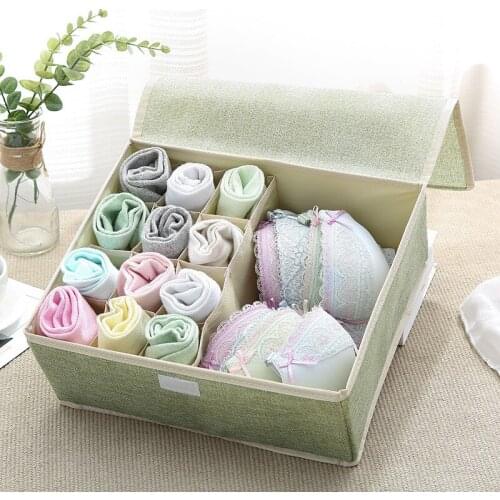 Multi-grid Cotton Linen Underwear Storage Box Collapsible Water Proof Finishing Box With Cover Panty Bra Socks Organizer 1pcs