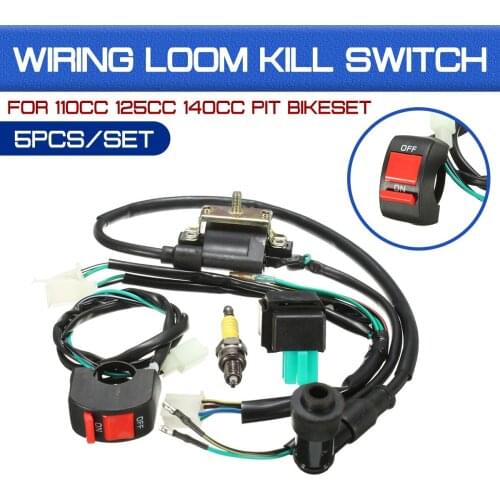 5pcs/set Bikeset Dirt Bike ATV Wiring Loom Kill Switch Coil CDI Plug Kit 2Pin For 110cc 125cc 140cc Pit