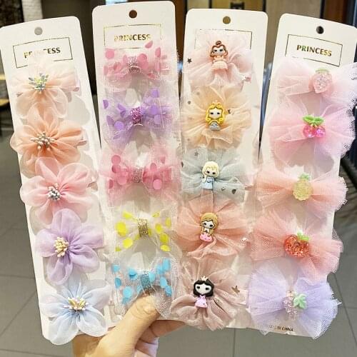 5pcs/set Lovely Cartoon Flowers Headwear Fashion Cute Childrens Bow HairClips Set Fabric Hairpin Hair Accessories for Girls