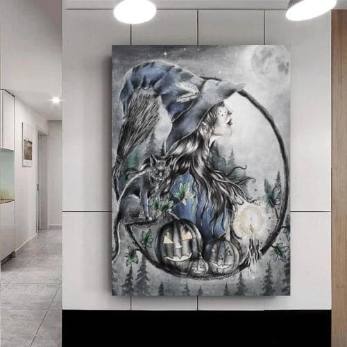 Full Drill Square Round diy diamond embroidery Witch and black cat 5d diamond painting Modern Wall Art Picture Halloween A1825