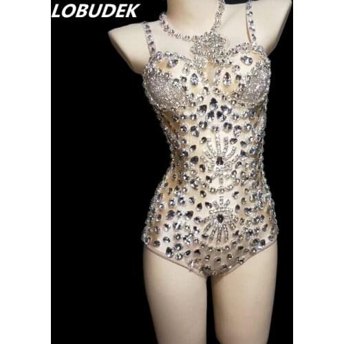 Flashing Big Rhinestones Skin Color Halter Bodysuit Silver Crystals Catsuit Nightclub Women DJ Singer Party Outfit Dance Costume