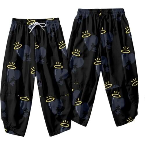 Spring Summer Men Black Print Pants Elastic Waist Casual Harem Pant Loose Sweatpants Traditional Chinese Trousers