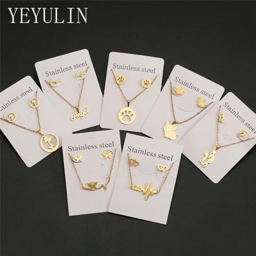 1sets New Animal Butterfly Pig Stainless Steel Pendant Necklace Set For Women Gold Color Chain Necklace Earrings Jewelry Gifts