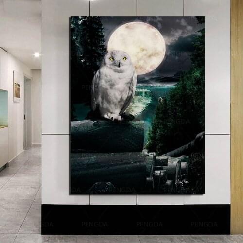 Home Decoration Modular Owl Poster Wall Art Full Moon Canvas Pictures Printed 1 Panel Painting For Living Room Modern Framework