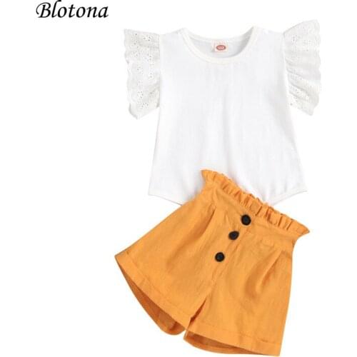 Blotona Fashion Baby Girls Summer Outfits, Cute Hollow Out Lace Floral Fly Sleeve T-shirt Top+ Solid Color Shorts, 2-7Years