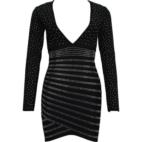 Beading Elegant Bandage Dress Women Black Sexy Nice New Autumn Winter Club Celebrity Party Dresses Clothing