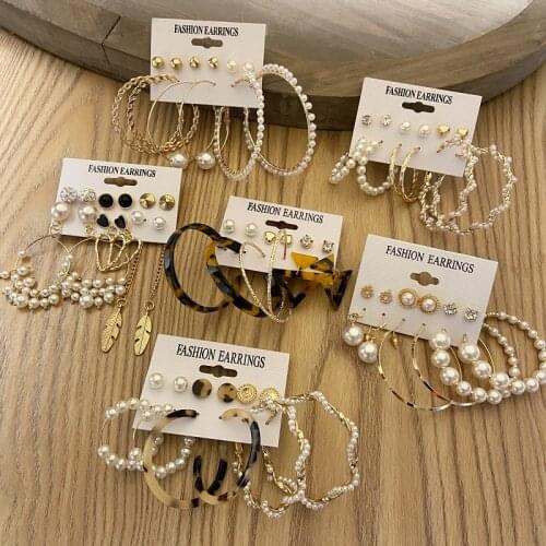 Elegant Vintage Pearls Hoop Earrings Set For Women Oversize Circle Hoop Earrings Geometric Metal Punk Earring 2021 Ear Jewelry