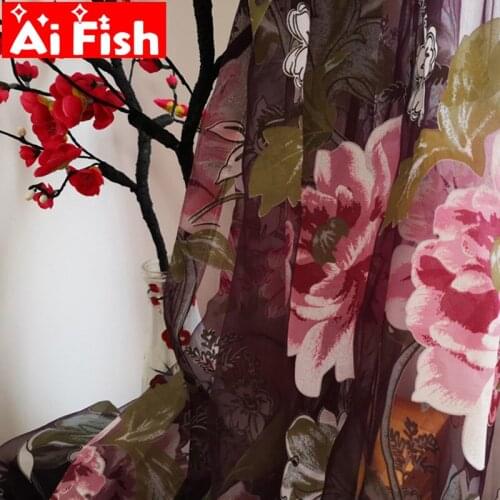 Purple Burnout Window Screen Sheer Tulle Customized Pastoral Print Peony Flowers Tulle Curtains Fabric For Living Room WP223-40