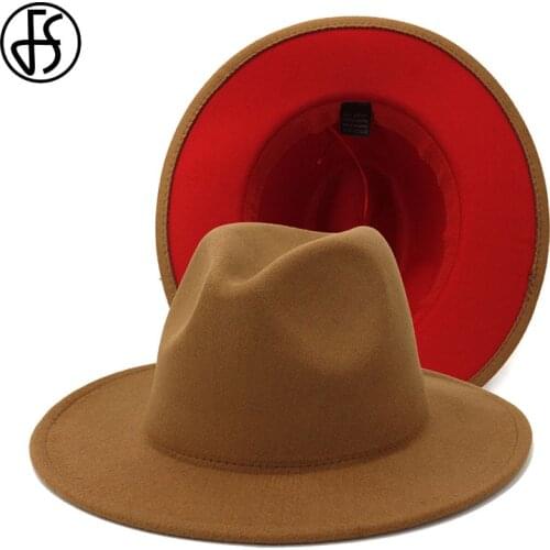 FS 60CM Outer Khaki Inner Red Patchwork Wool Felt Jazz Fedora Hat Wide Brim Women Men Cowboy Hats Panama Trilby Cap Classic Hats