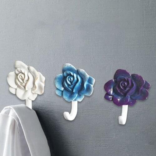 Creative Rose Flower Coat Hook Free Perforated Resin Decorative Glue Hook Hibiscus Flower Seamless Bedroom Kitchen Storage Hooks