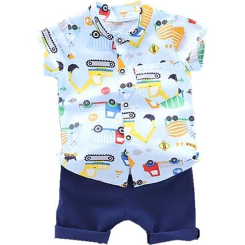 Boys Sets Cartoon Cars Print Summer Short Sleeve Shirts+ Jean Shorts Sets Baby Clothes Cotton Suit Children Clothes