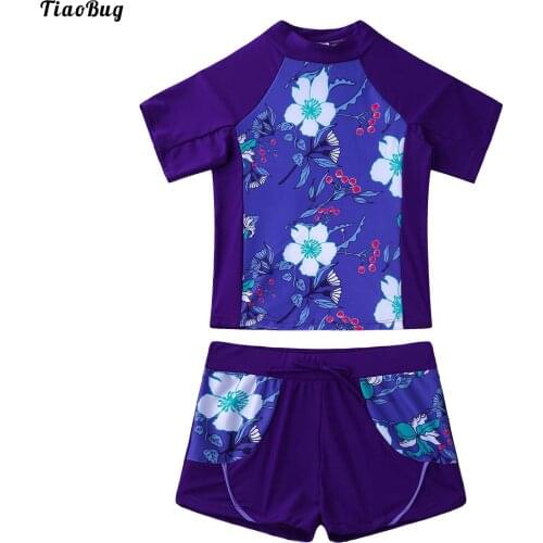 TiaoBug Summer 2Pcs Kids Girls Flower Print Swimsuit Round Neck Short Sleeves Top And Boyshorts Swimwear Beach Bathing Pool Suit