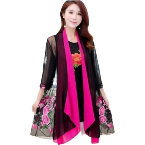 Retro Summer clothes NEW Net yarn Embroidery Shawl Cardigan coat Women Large size Loose coat Sunscreen shirt Thin Shawl coat1157